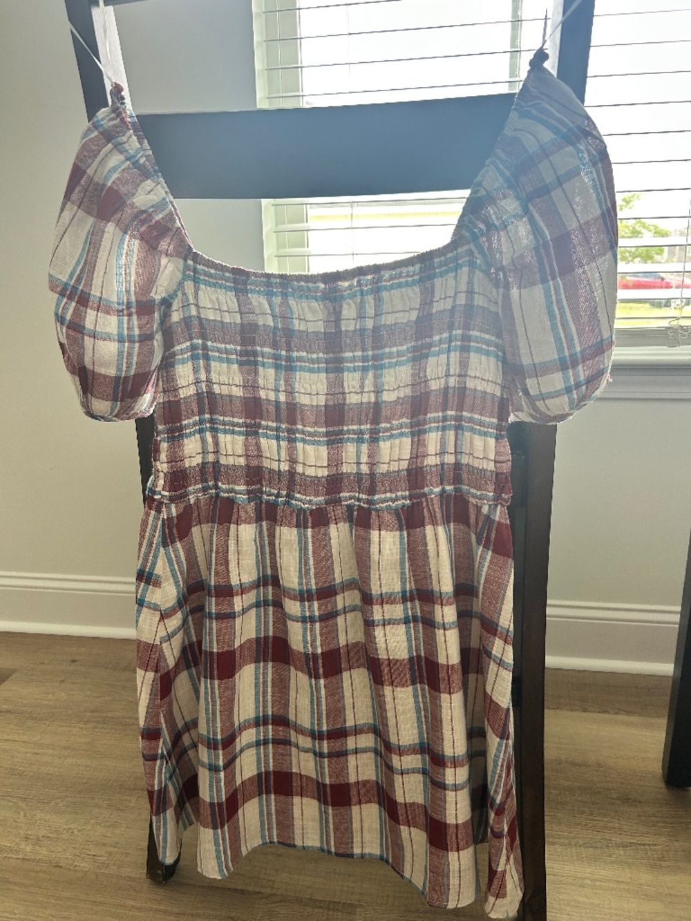 Entro Women’s Puff Sleeve Red, Blue, And Off-white Plaid Dress